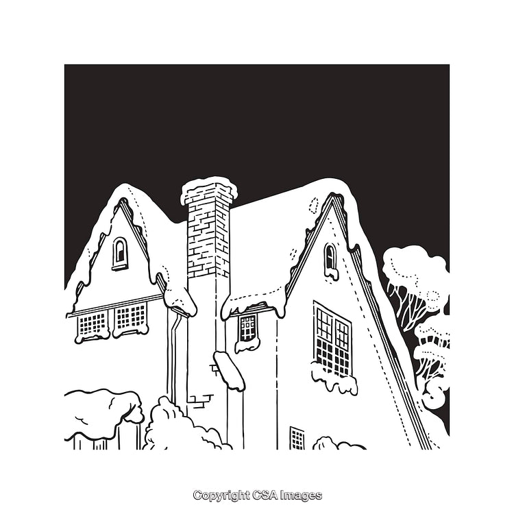Black and White Line Art of a Snow-Covered Cottage