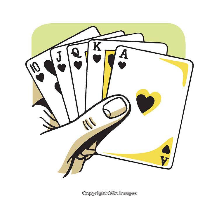 Hand Holding A Royal Flush Playing Cards Illustrated in Stylized Artwork