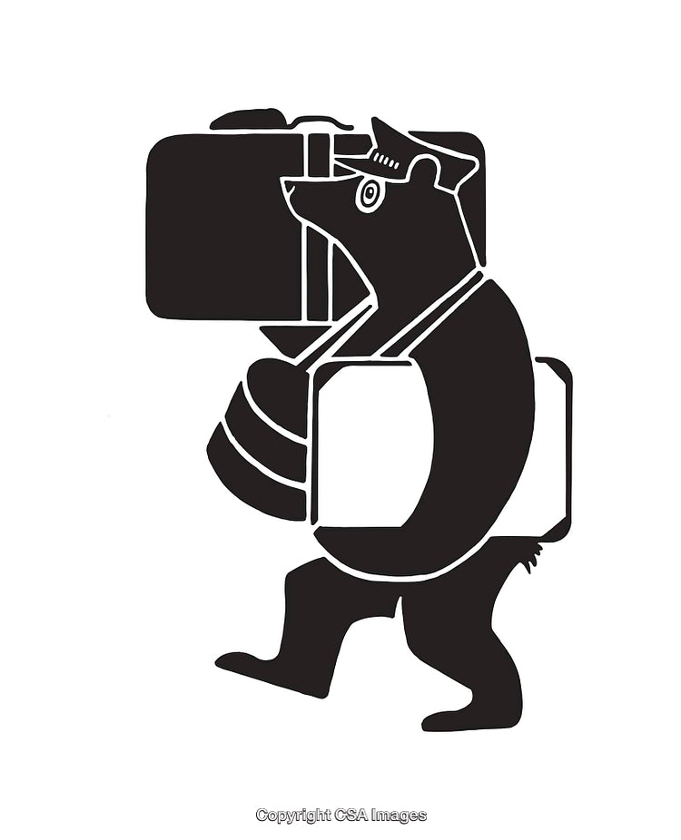Black and White Line Art Illustration of Bear Carrying Luggage