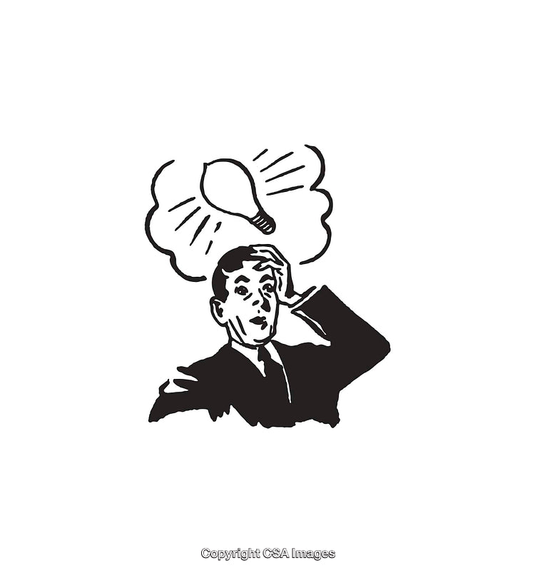 Black and White Illustration of a Man with a Lightbulb Thought