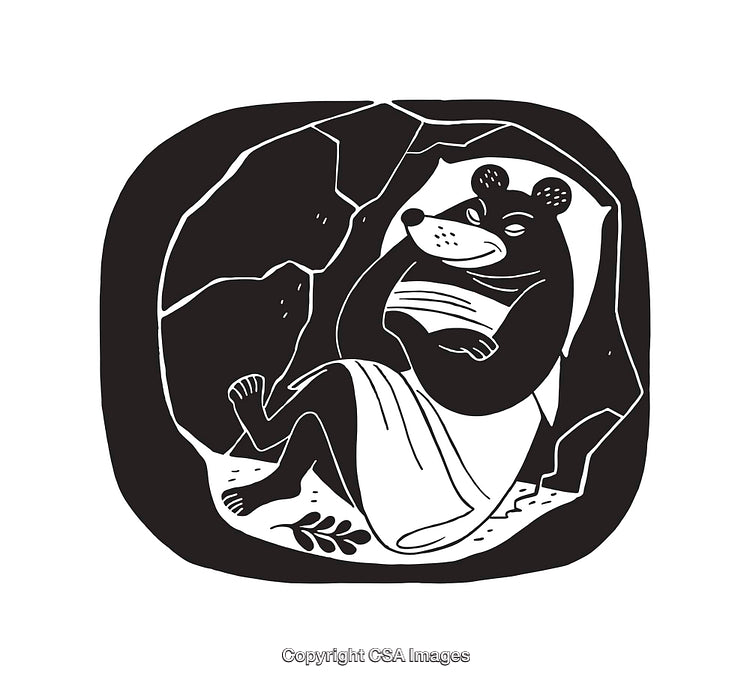 Black and White Illustration of a Bear Relaxing Inside a Cave