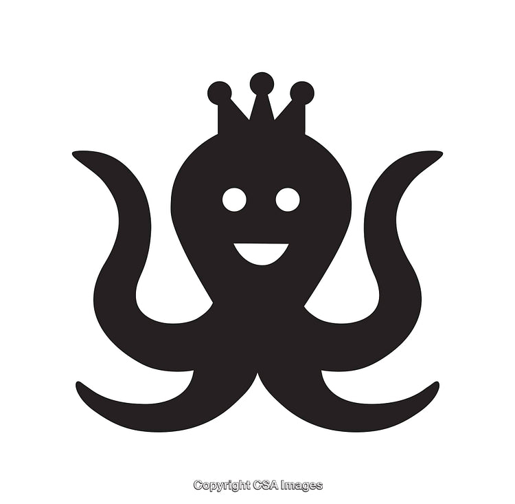 Playful Octopus Icon with Crown in Black and White Style