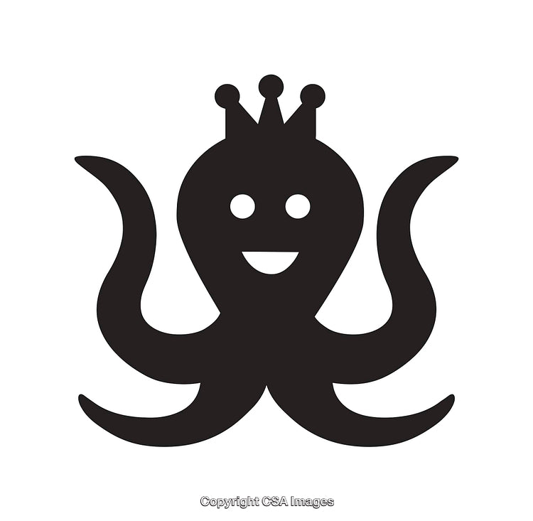 Playful Octopus Icon with Crown in Black and White Style