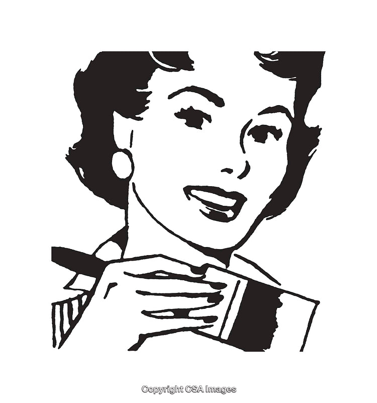 Retro Illustration of Smiling Woman in Black and White Line Art Style