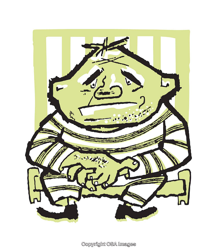 Cartoon Illustration of a Sad Prisoner Sitting in Striped Clothing