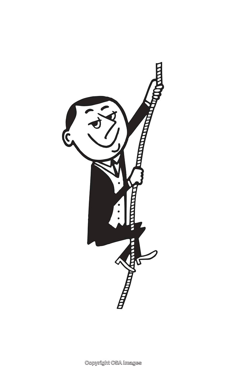 Illustration of a Man Climbing a Rope in Black-and-White Style