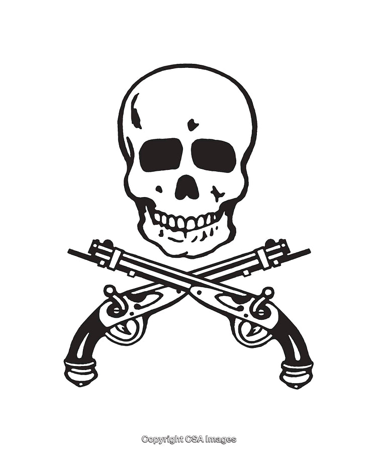 Skull and Crossed Pistols Black and White Line Art Illustration