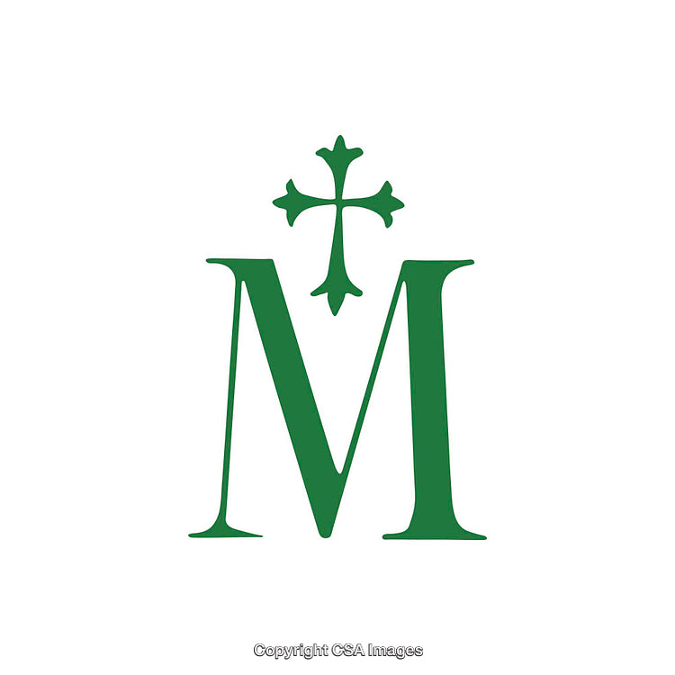 Green Letter M with Decorative Cross on White Background