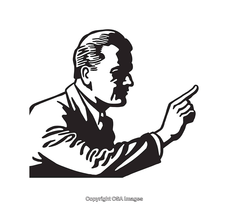 Vintage Black and White Illustration of a Pointing Man Advertising Figure