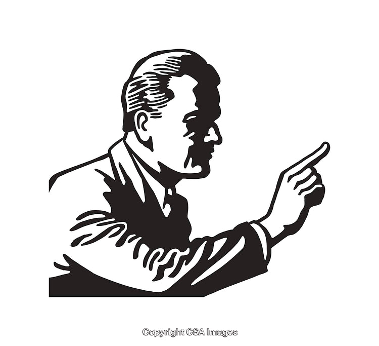 Vintage Black and White Illustration of a Pointing Man Advertising Figure