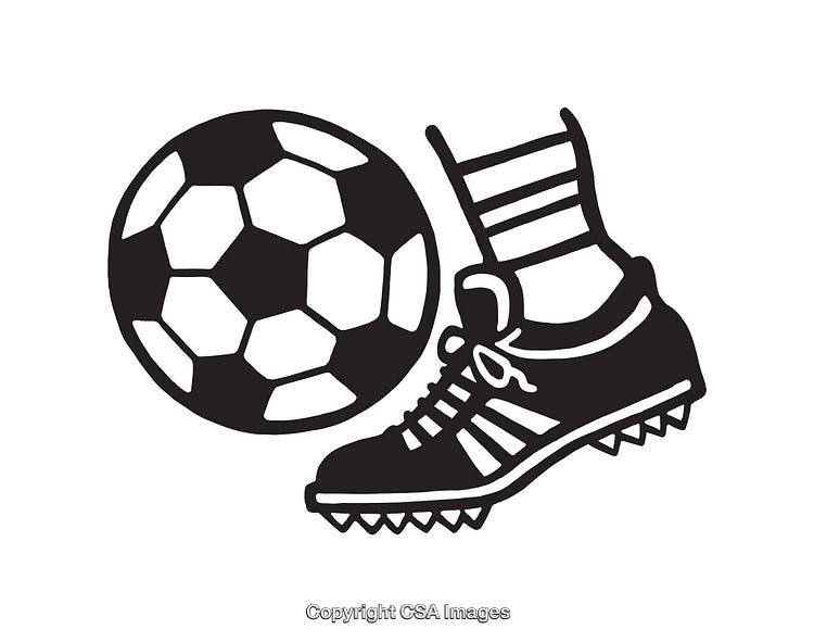 Black and White Illustration of Soccer Ball and Cleat During Play