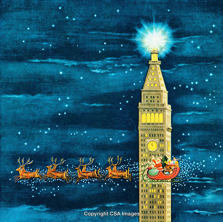 Santa's Sleigh Flying by a Lit Tower on a Starry Christmas Night