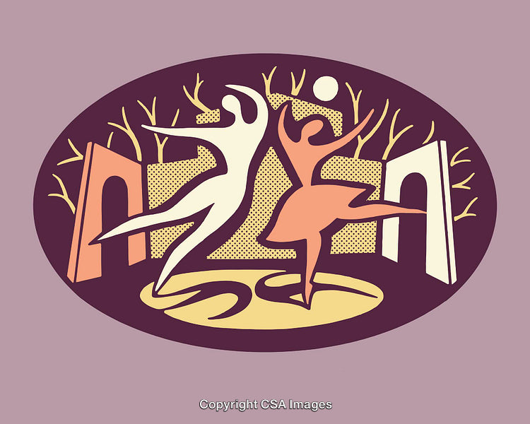Stylized Illustration of Dancing Figures in an Abstract Artistic Landscape