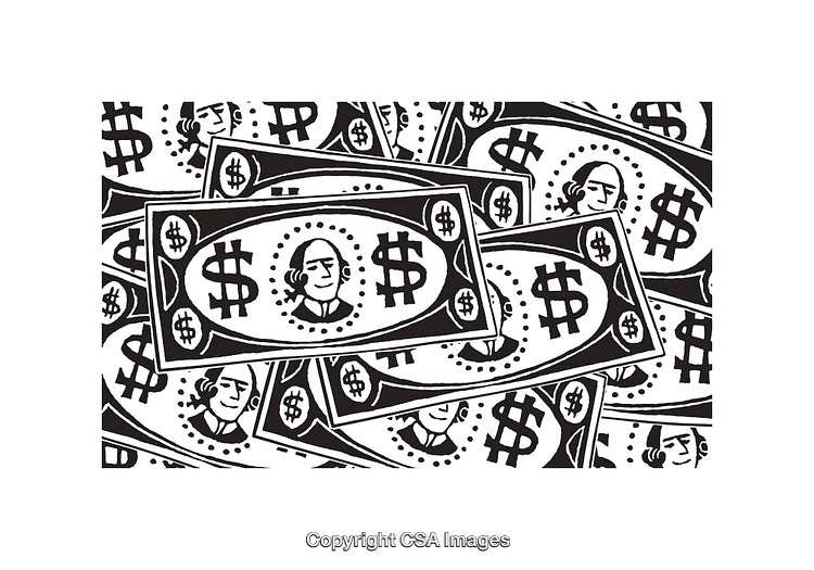 Black and White Money Illustration With Dollar Signs and Portraits