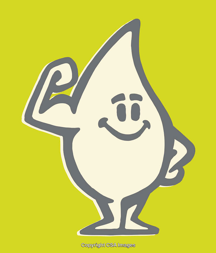 Strong and Happy Cartoon Character with Abstract Water Drop Shape