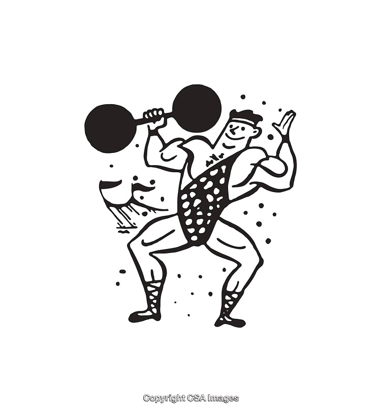 Black and White Line Art of a Retro Strongman Lifting Weights