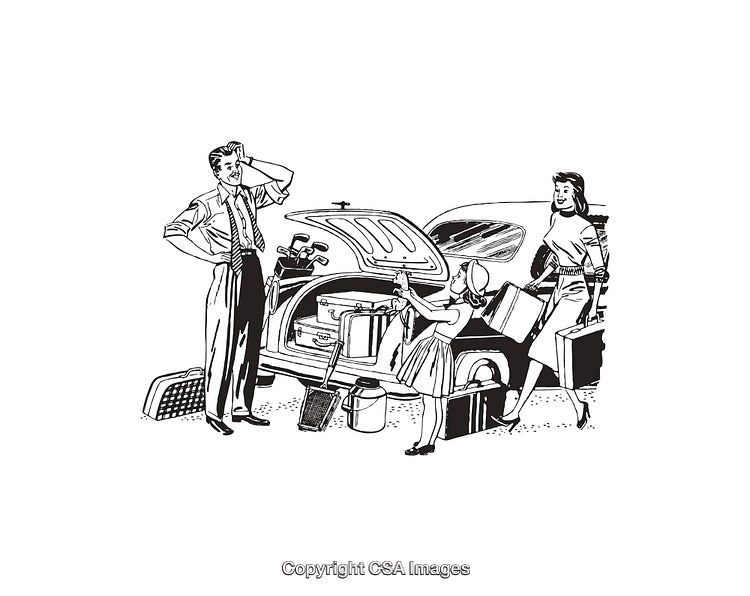 Vintage Line Art of a Family Packing Luggage Into a Trunk