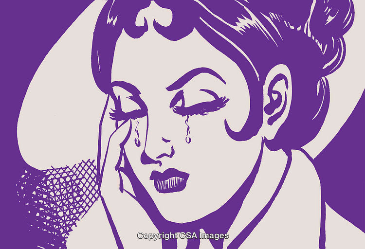 Pop Art Style Illustrated Woman Crying with Teardrops in Shades of Purple