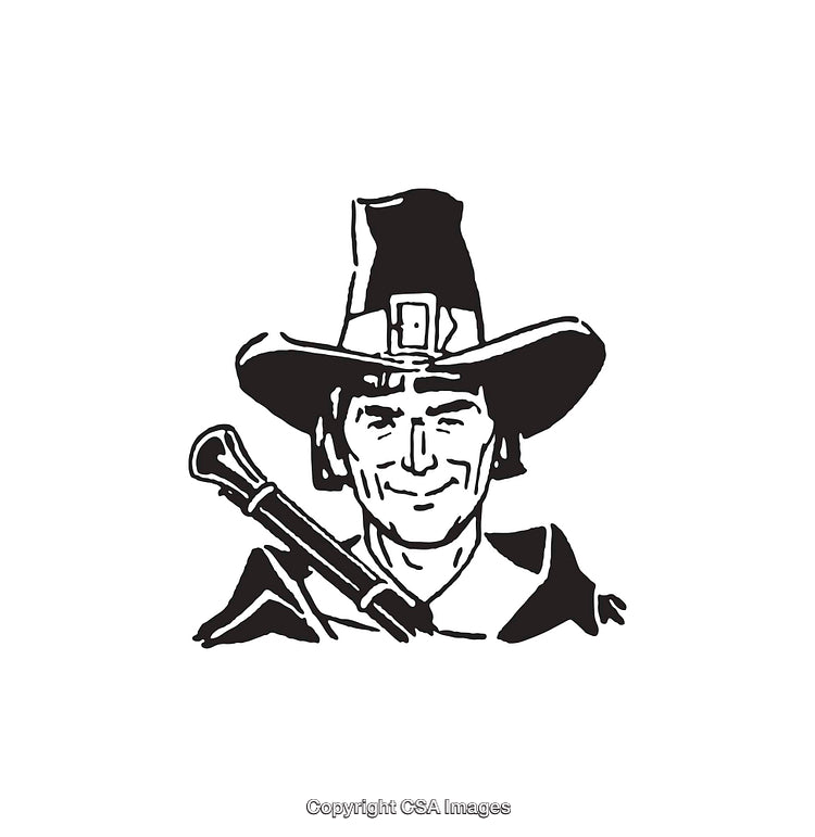 Black and White Line Art of a Pilgrim with Traditional Attire