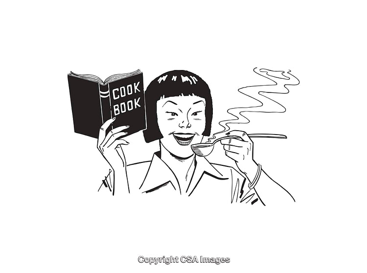Black and White Line Art of Woman Reading Cookbook and Tasting Dish