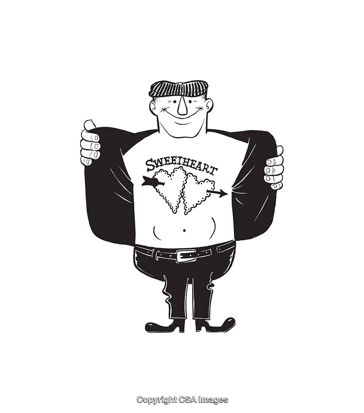 Illustration of a Man Showing Tattoo with Heart Symbol and Sweetheart Text
