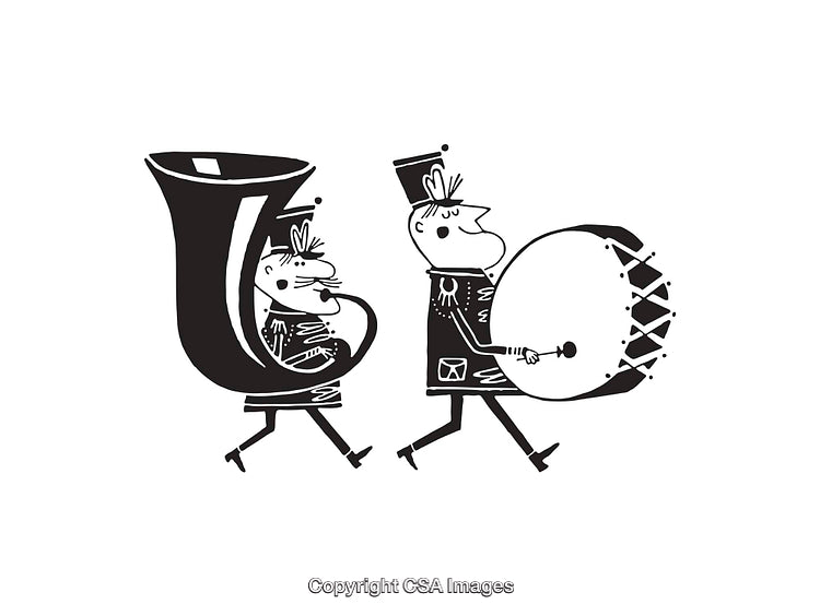Playful Musical Parade Featuring Drummer and Tuba Player in Black and White Art
