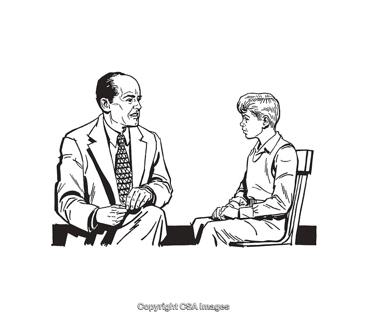 Black and White Illustration of a Conversation Between a Man and a Boy