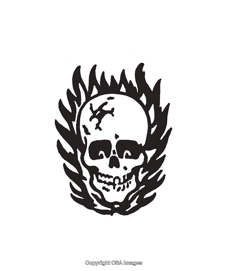 Black and White Illustration of a Skull with Flames Design