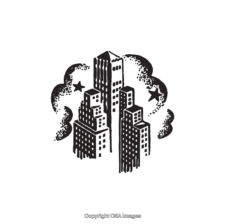 Hand-Drawn Urban Skyline With Stars and Crescent Moon in Black and White