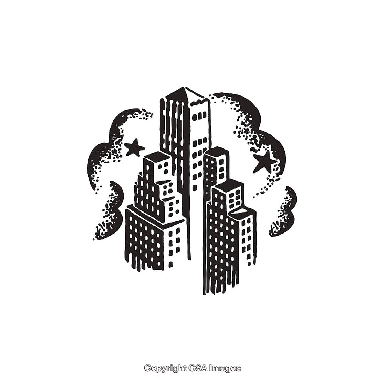 Hand-Drawn Urban Skyline With Stars and Crescent Moon in Black and White