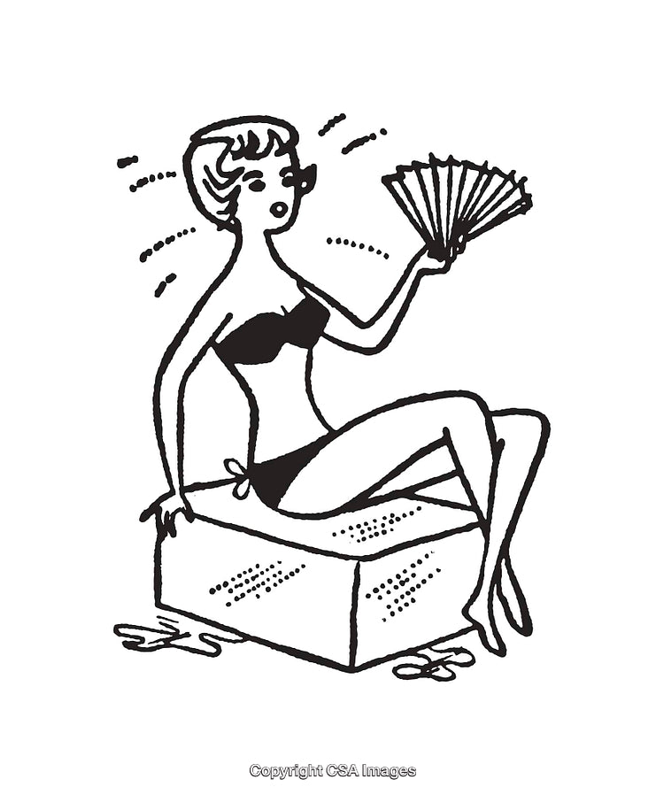 Retro Woman in Swimwear Fanning Herself in Black and White Illustration