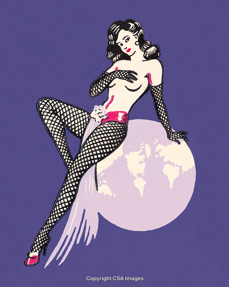 Stylized Pin-Up Illustration with Retro Motifs on Purple Background