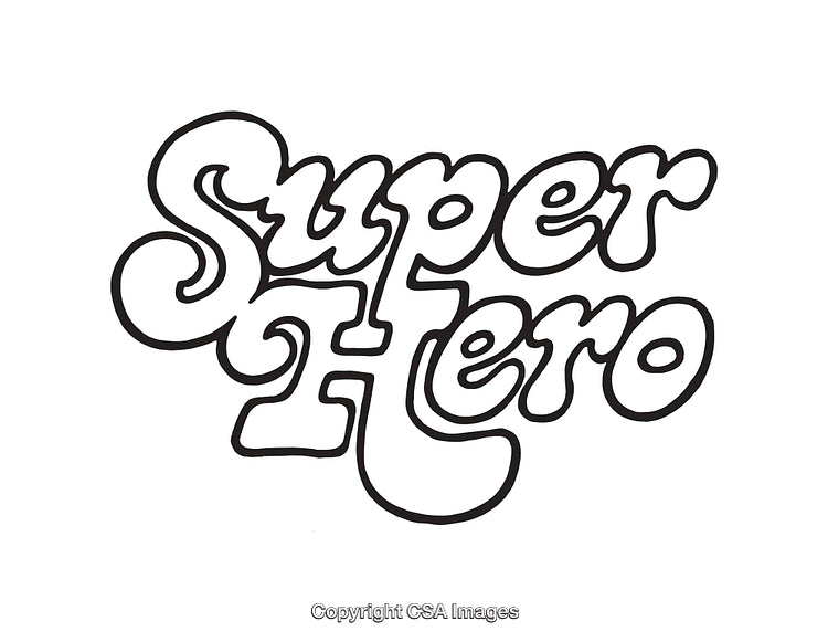 Black and White Line Art Illustration of Bold 'Super Hero' Text
