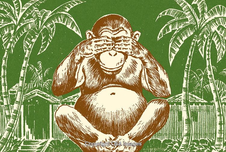 Illustration of Monkey Covering Eyes in Tropical Jungle with Palm Trees