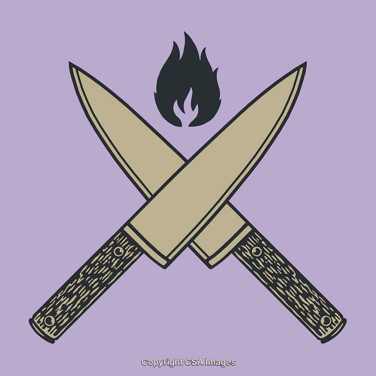 Crossed Knives with Flame Icon on Purple Background