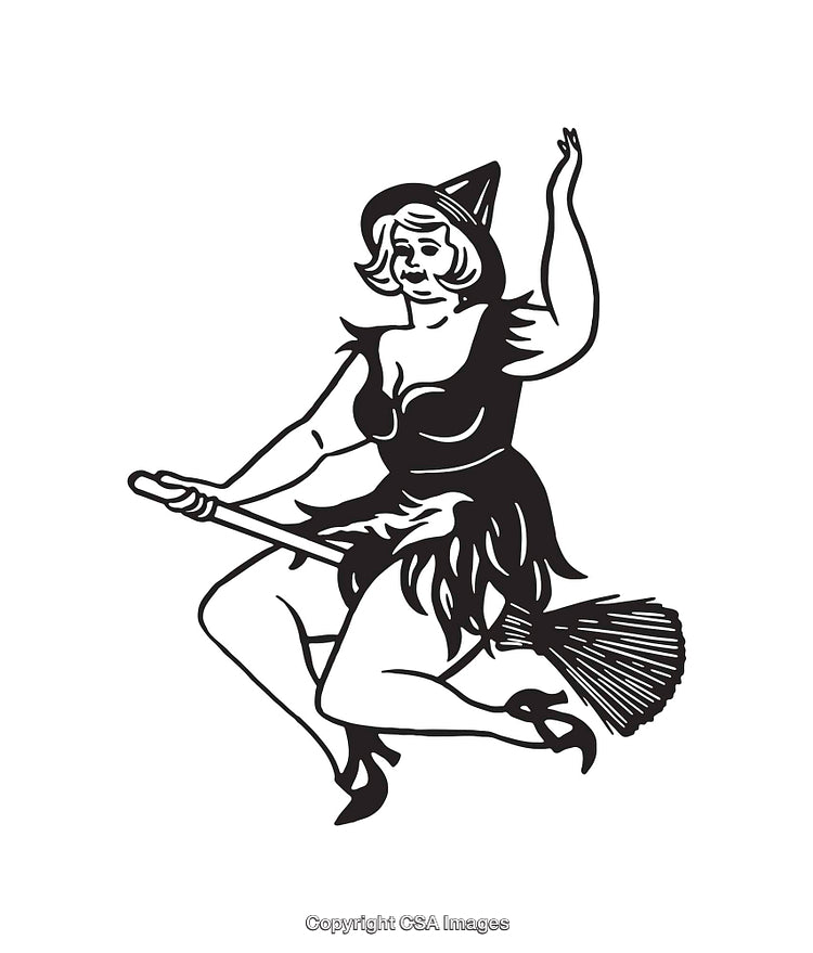 Vintage Line Art of a Witch Flying on a Broomstick
