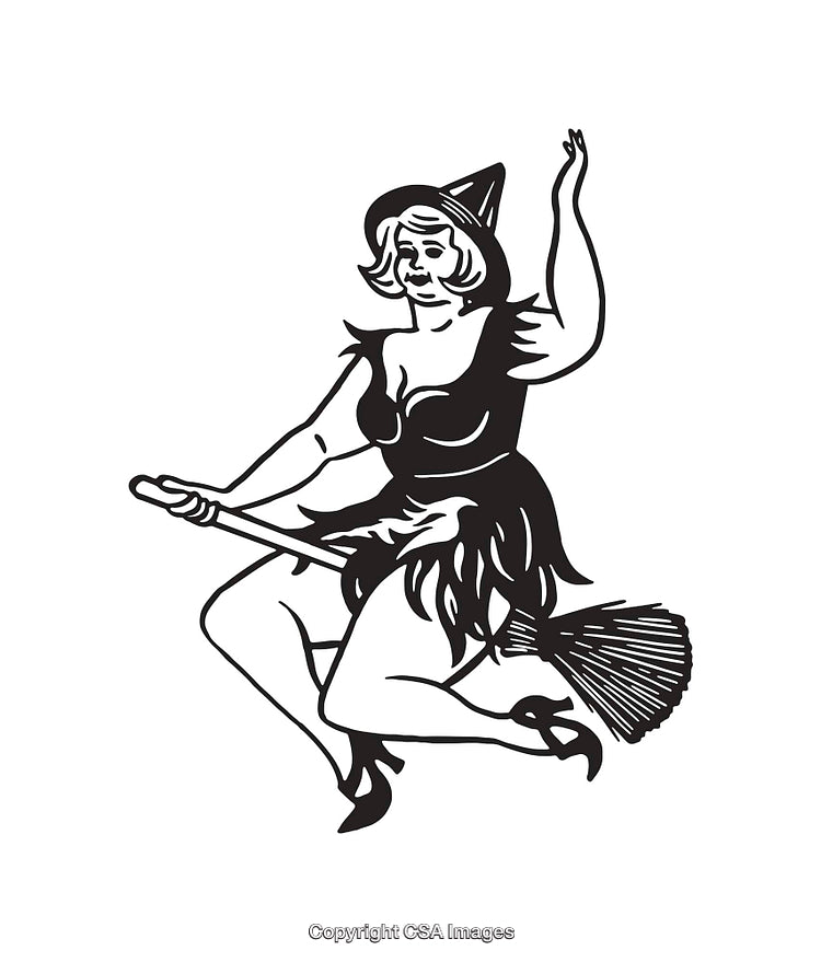 Vintage Line Art of a Witch Flying on a Broomstick