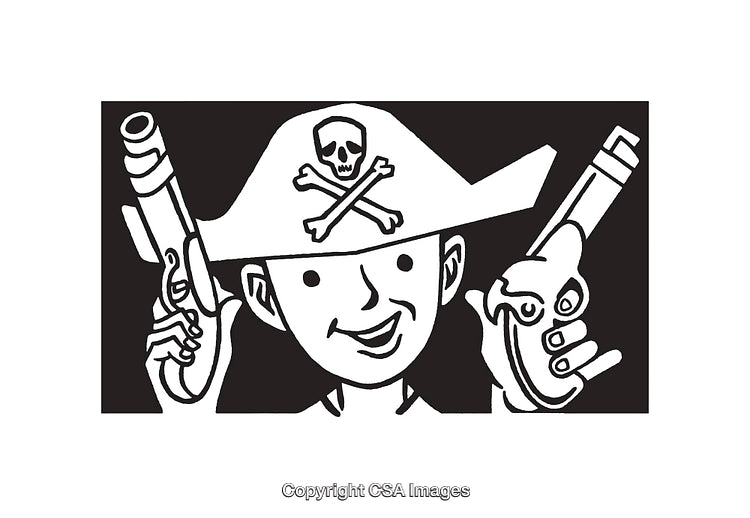 Black and White Cartoon Pirate Illustration with Pistols