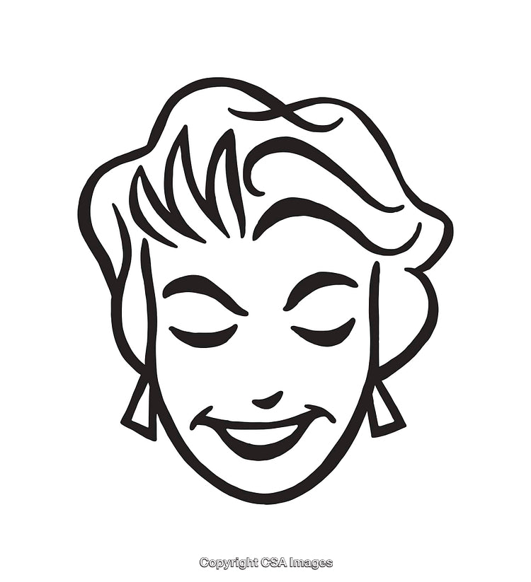 Black and White Line Art Depicting Smiling Woman with Retro Hairstyle