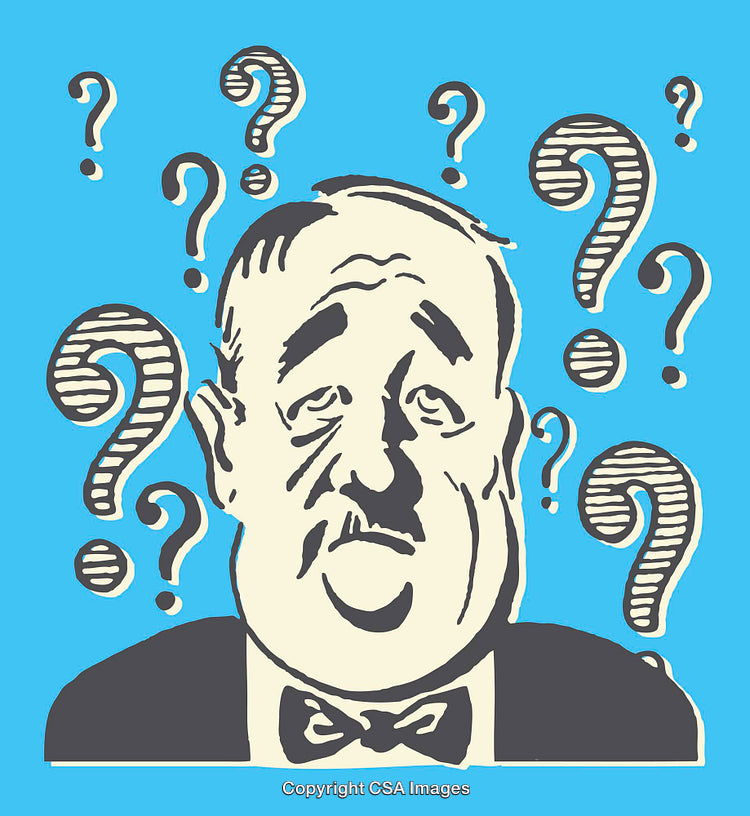 Confused Cartoon Character Surrounded by Question Marks on Blue Background