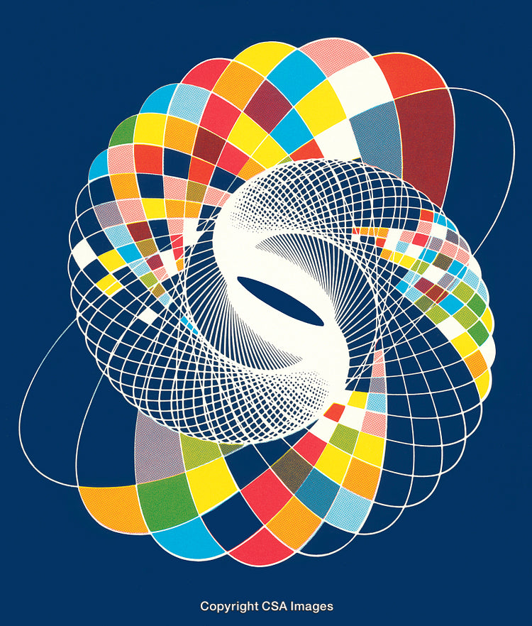 Colorful Abstract Design with Spirals and Geometric Patterns on Blue Background