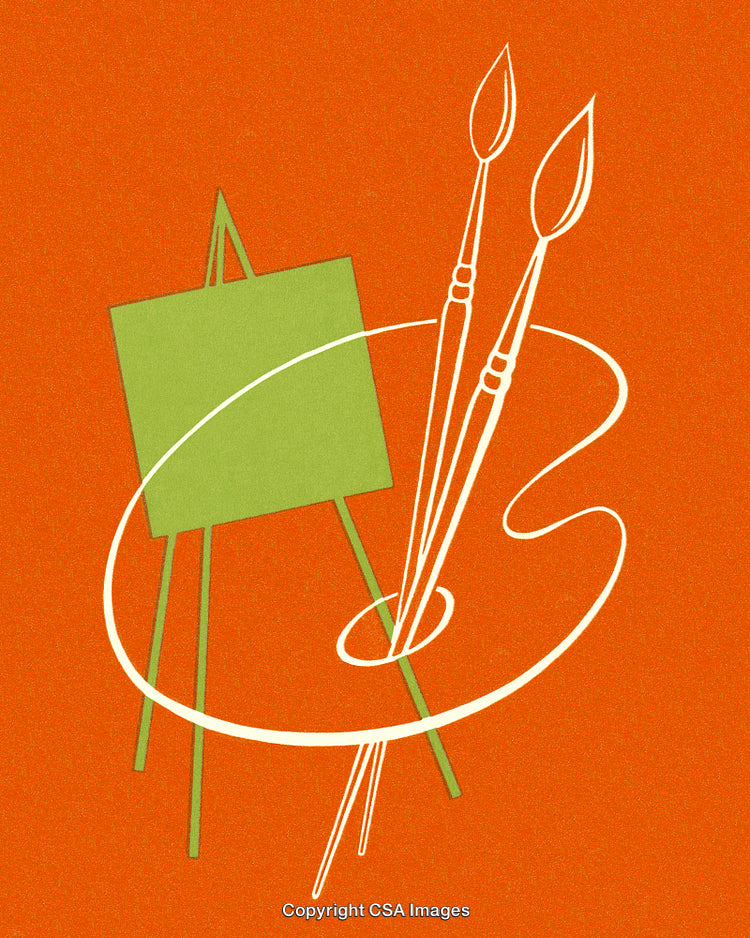 Artistic Illustration of Green Easel and Palette on Orange Background