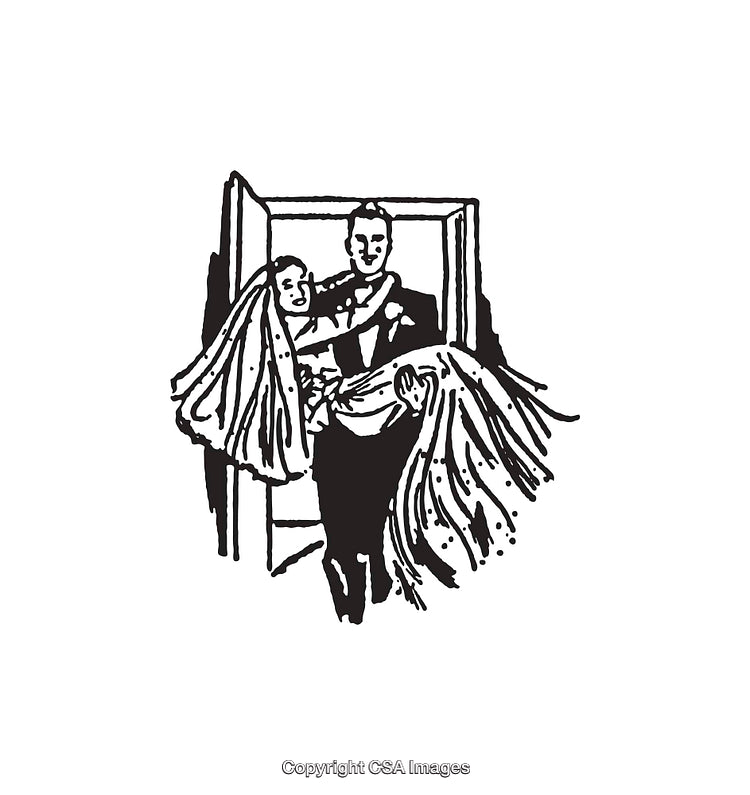 Classic Line Art Illustration of Groom Carrying Bride Cross Threshold