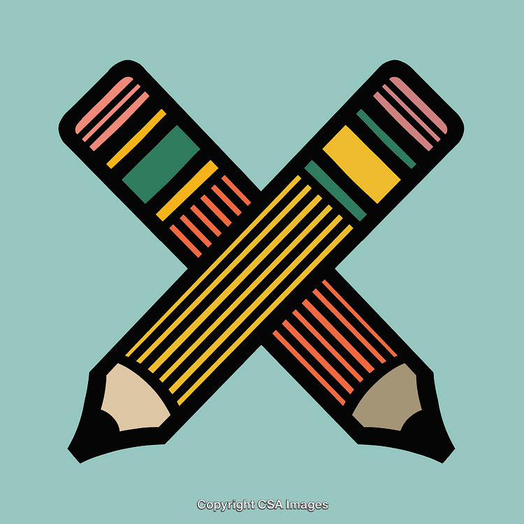 Colorful Line Art of Crossed Pencils on a Teal Background