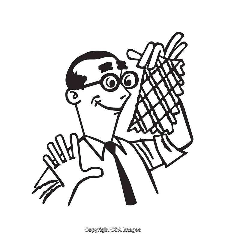 Retro Black and White Illustration of a Man Holding a Waffle
