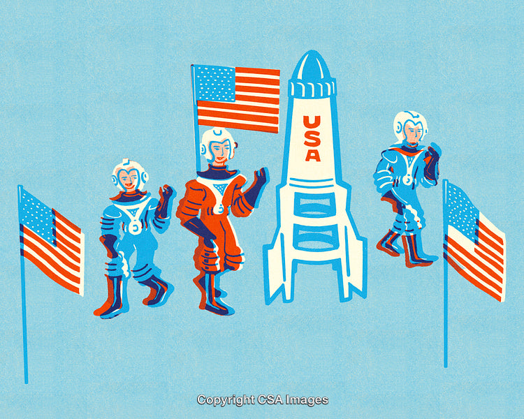 Retro Styled Astronauts Celebrating Space Exploration with Flags and Rocket Illustration