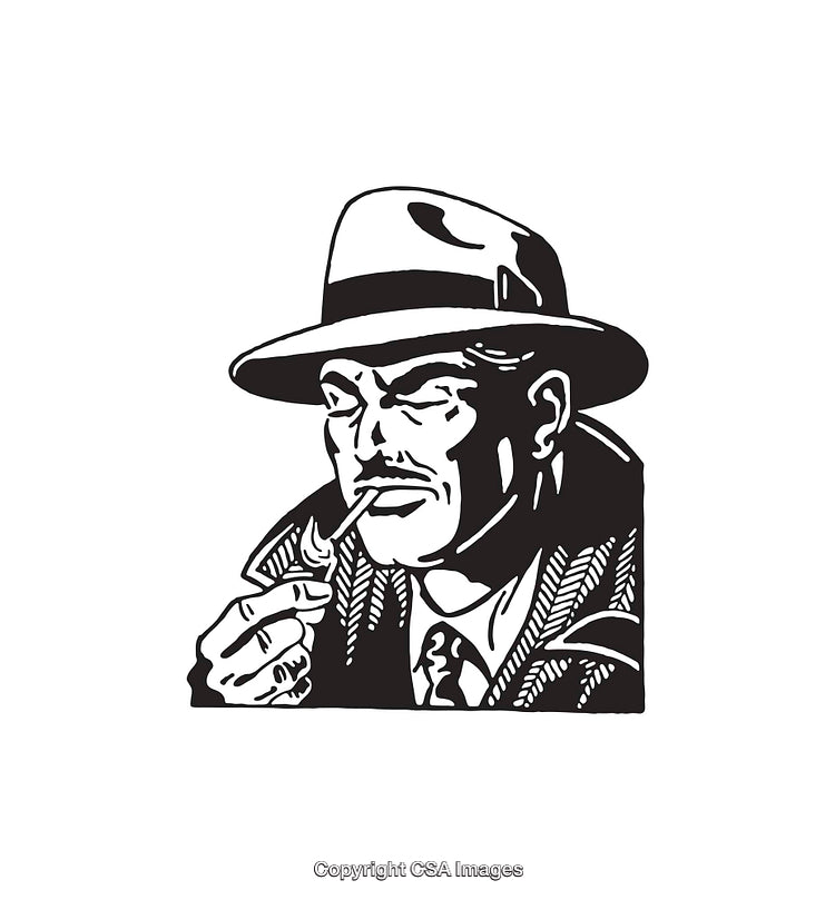 Vintage Line Art of Man Smoking Pipe with Serious Expression
