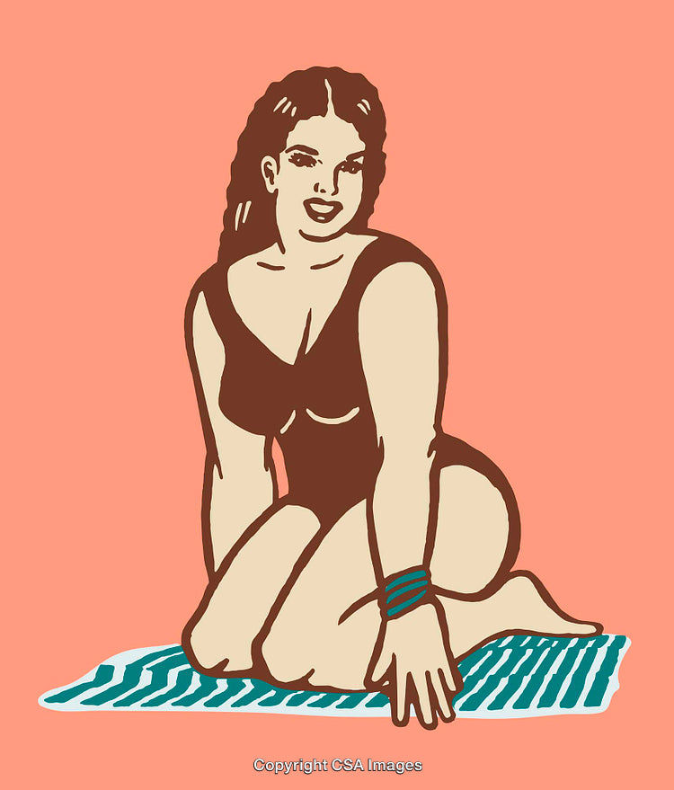 Colorful Illustrated Woman Sitting on a Beach Towel in a Black Swimsuit