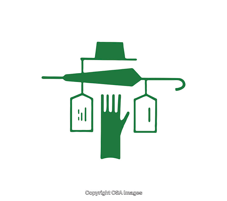 Green Icon Depicting Stylish Hat, Hand, and Tags Design Elements