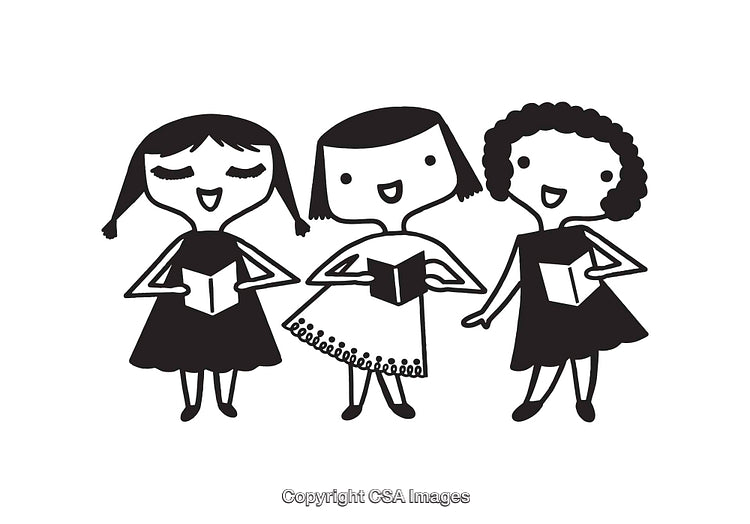 Black And White Illustration of Singing Girls Holding Songbooks Smiling